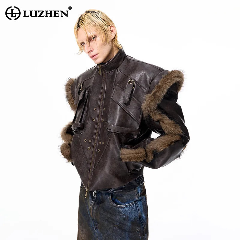 เสื้อแจ็คเก็ตหนังดีไซน์ต่อผ้าข - Street Fashion Men 2025 บทวิจารณ์และราคา