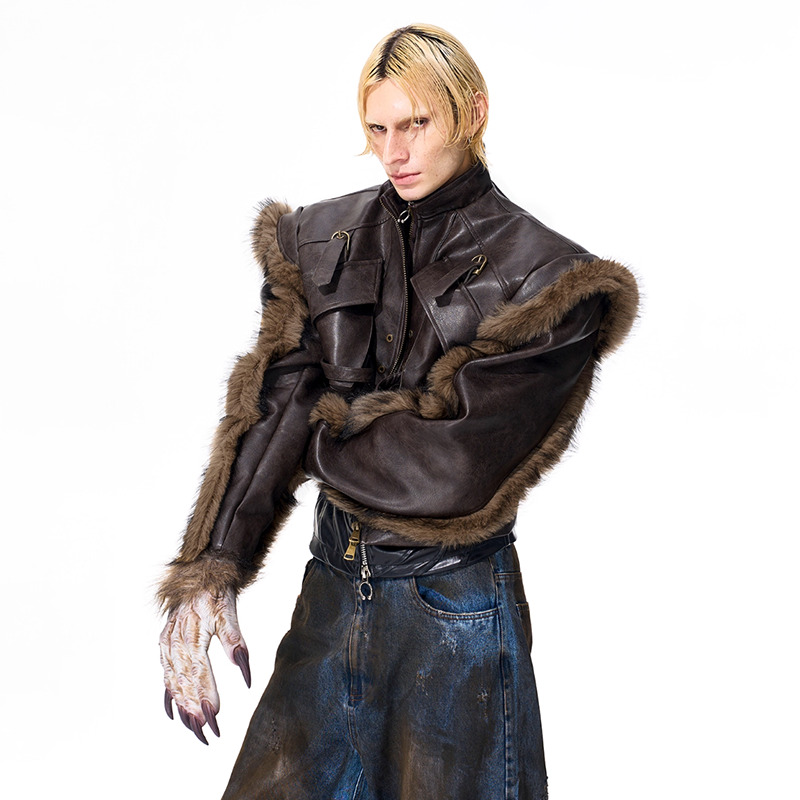 เสื้อแจ็คเก็ตหนังดีไซน์ต่อผ้าข - Street Fashion Men 2025 บทวิจารณ์และราคา