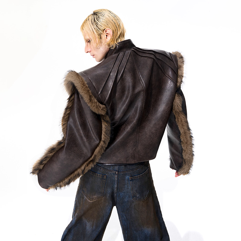 เสื้อแจ็คเก็ตหนังดีไซน์ต่อผ้าข - Street Fashion Men 2025 บทวิจารณ์และราคา